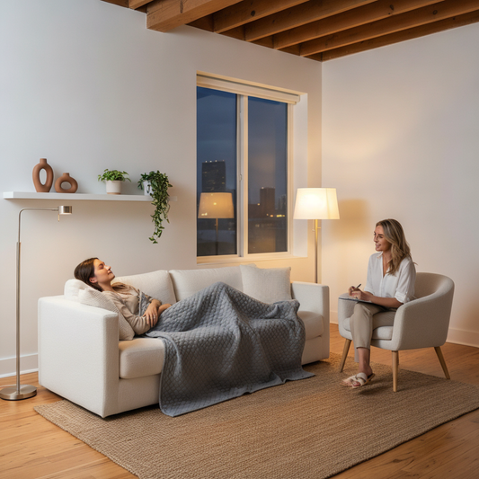 woman relaxing with weighted blanket during therapy session