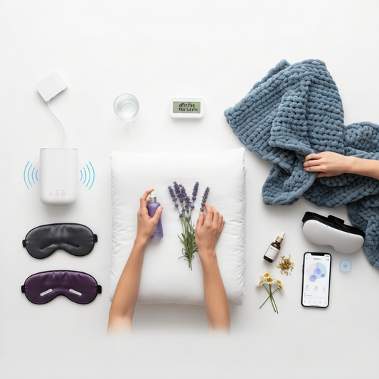 A flat lay image on a bright white background displays various natural sleep aids