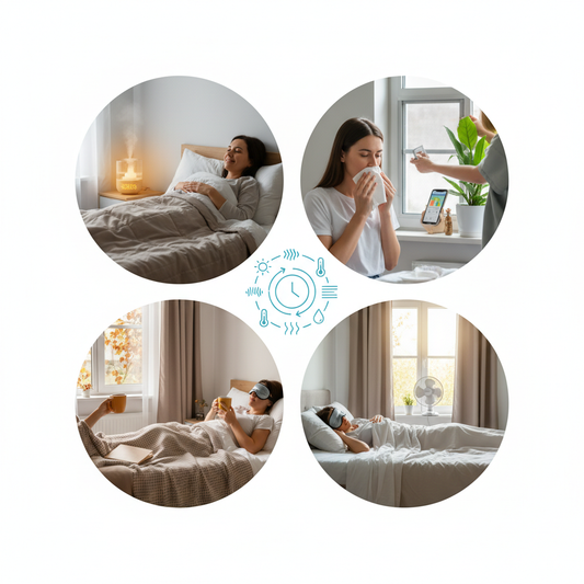 A circular collage showcasing different seasonal sleep scenarios.