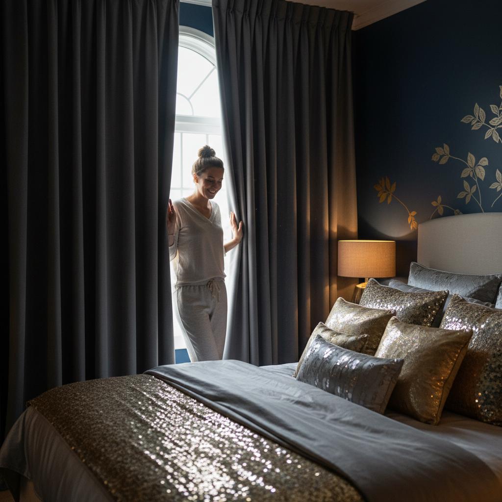 Woman smiling, satisfied with new blackout curtains in bedroom