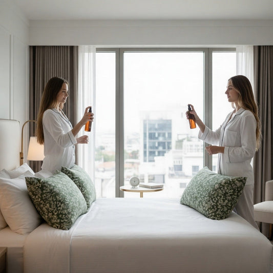 hand spraying lavender pillow mist onto pillow