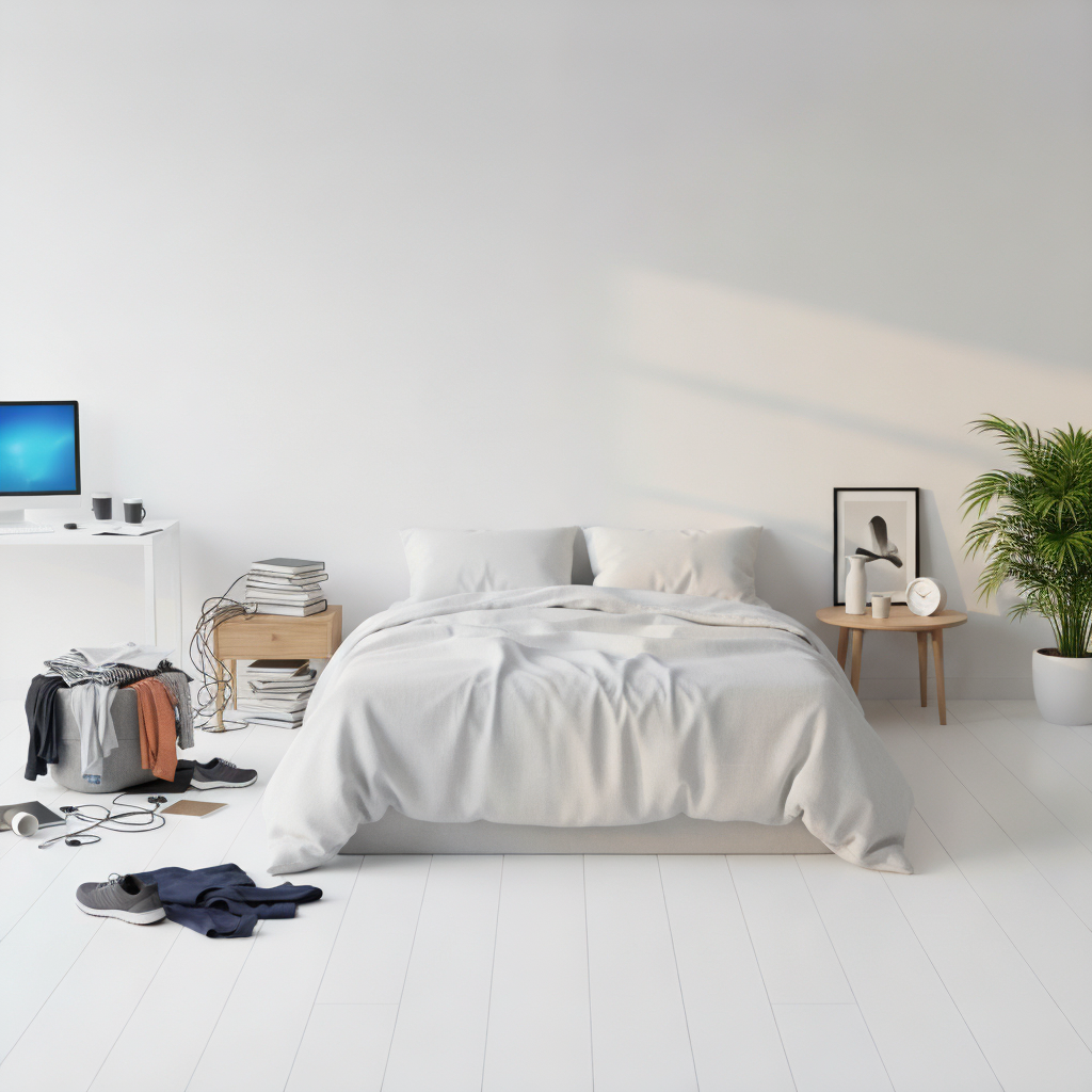 a cluttered bedroom on the left with clothes, books, and a computer, and a minimalist, tidy bedroom on the right with a neatly made bed