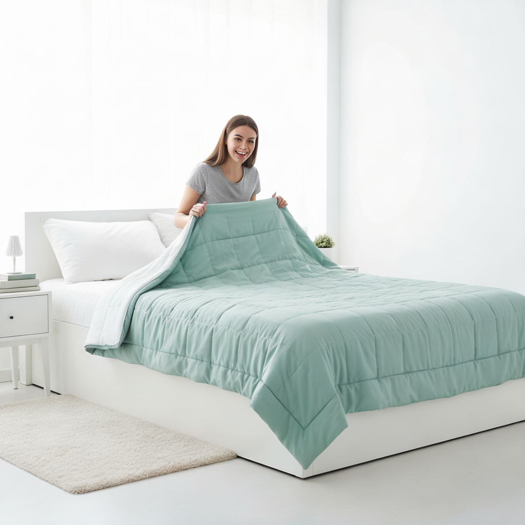 Woman happily covering bed with mint green weighted blanket.