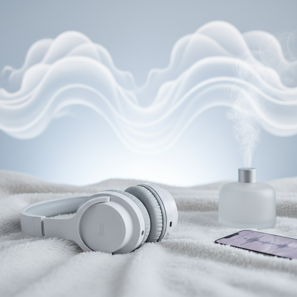 Headphones, diffuser, and phone with sound waves for ADHD