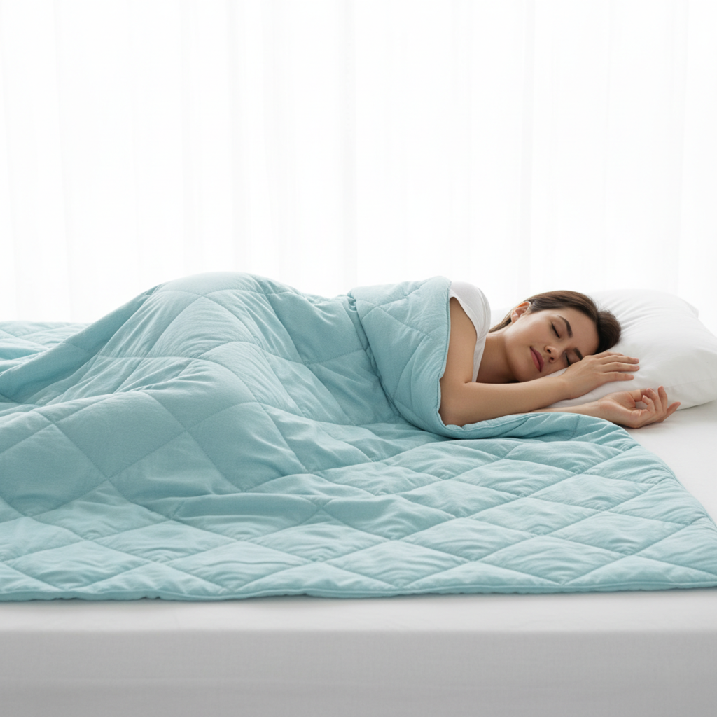 A woman sleeps under a weighted blanket.