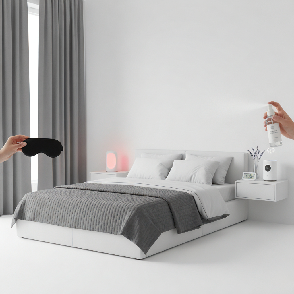 Optimized sleep environment featuring a dark bedroom, white noise machine, and lavender spray