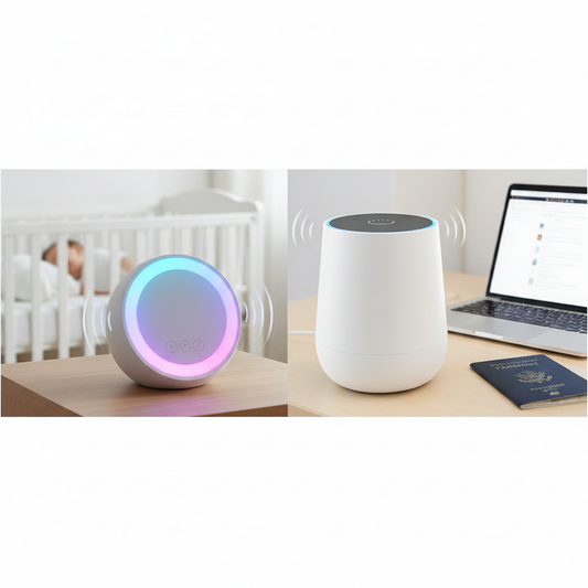 Two white noise machines, one in nursery, one on desk.
