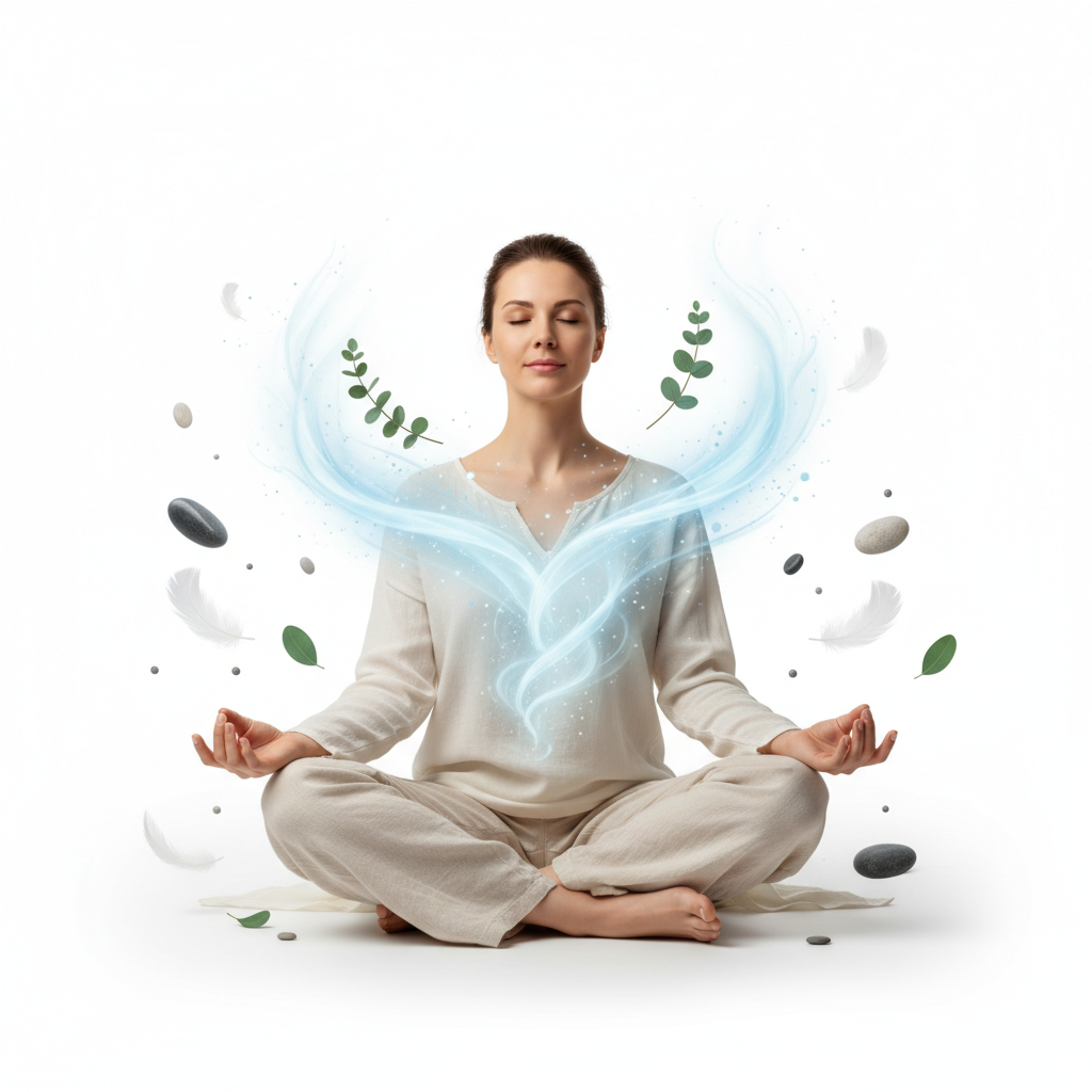 Person meditating, calm breath, nature elements