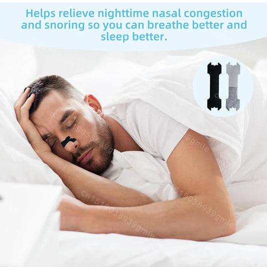 Man lying in bed with a nasal congestion relief device, text about relieving nighttime nasal congestion and snoring.