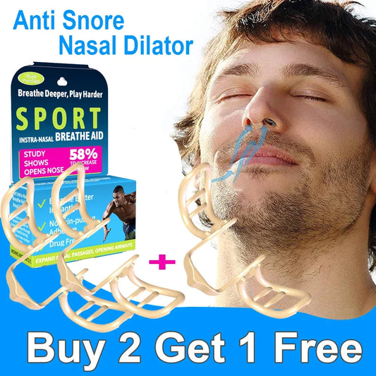 Anti snore nasal dilator with packaging and promotional text on a blue background
