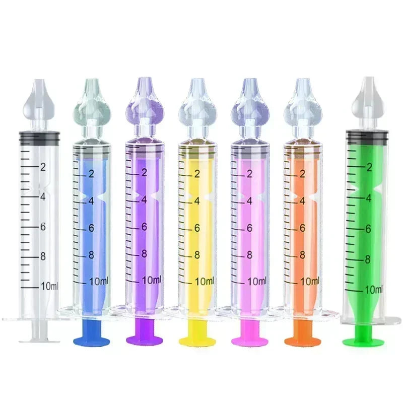Set of eight colorful syringes with measurement markings on a white background