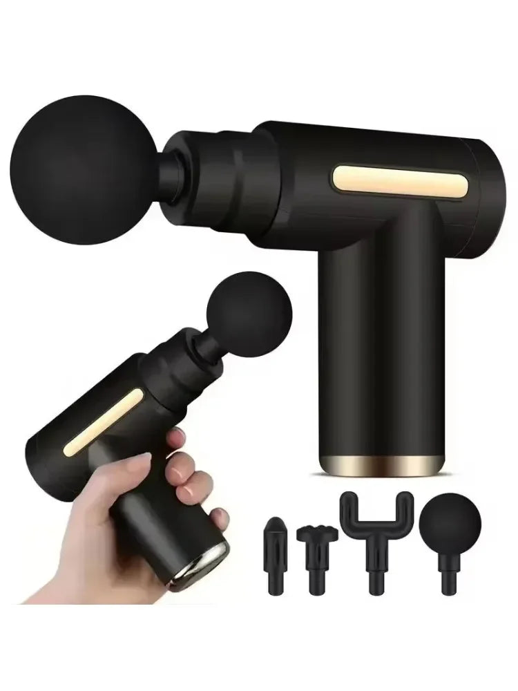 Black massage gun with attachments on a white background