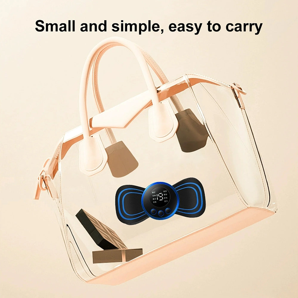 Clear handbag with a black and blue device on a beige background
