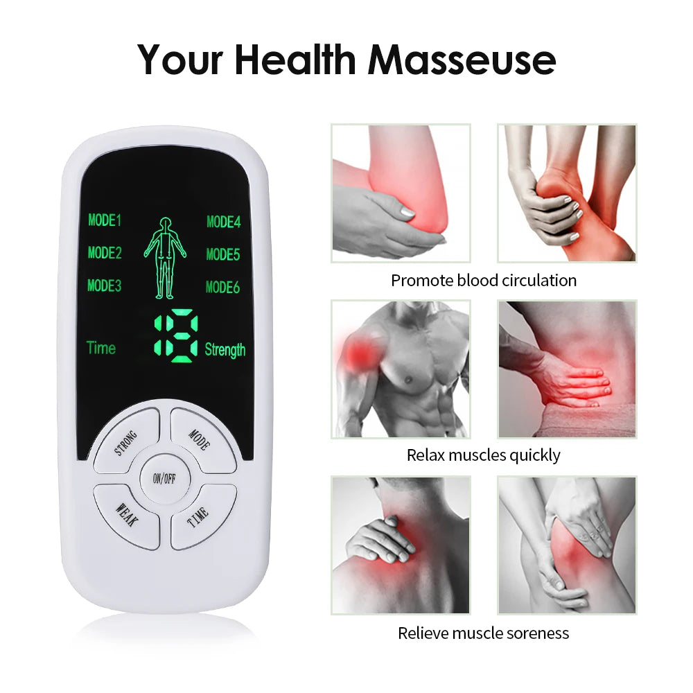 Electromagnetic therapy device with digital display and images of its effects on muscles.