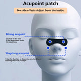 Acupoint patch on a mannequin head with labeled acupoints and text about no side effects.