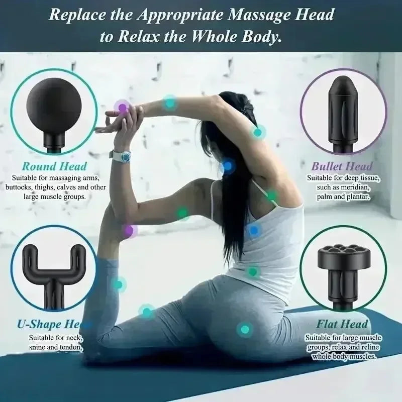 Woman using a massage device with various heads displayed around her.