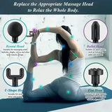 Woman using a massage device with various heads displayed around her.
