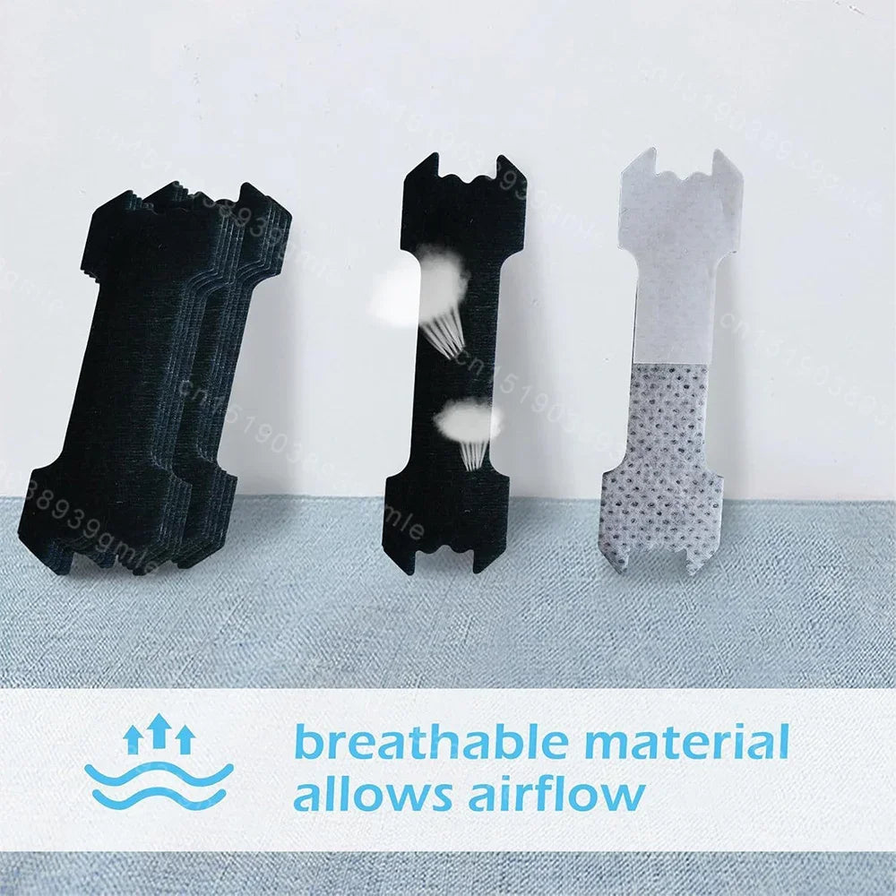 Three black and gray cooling pads on a textured surface with text indicating breathable material allows airflow.