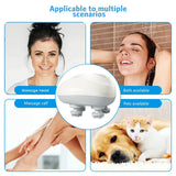 Product with massage head shown in various scenarios including a woman, dog, and cat.