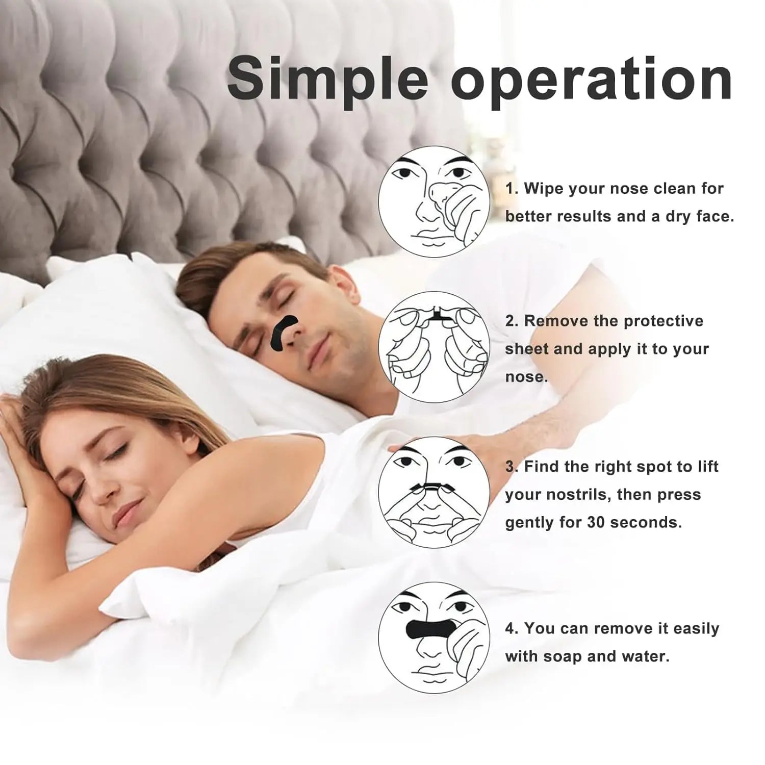 Diagram showing a man and woman lying in bed with a product application process on their faces.