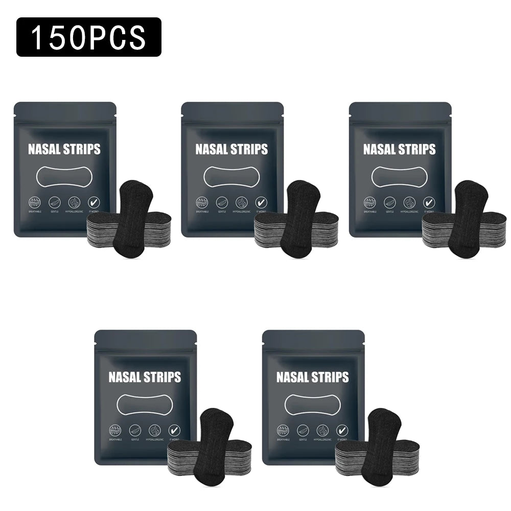 Five packages of nasal strips with black strips on a white background