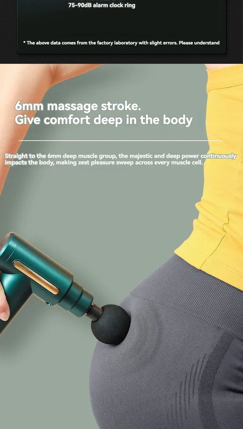 Person using a massage device on their back with text about a 6mm massage stroke.