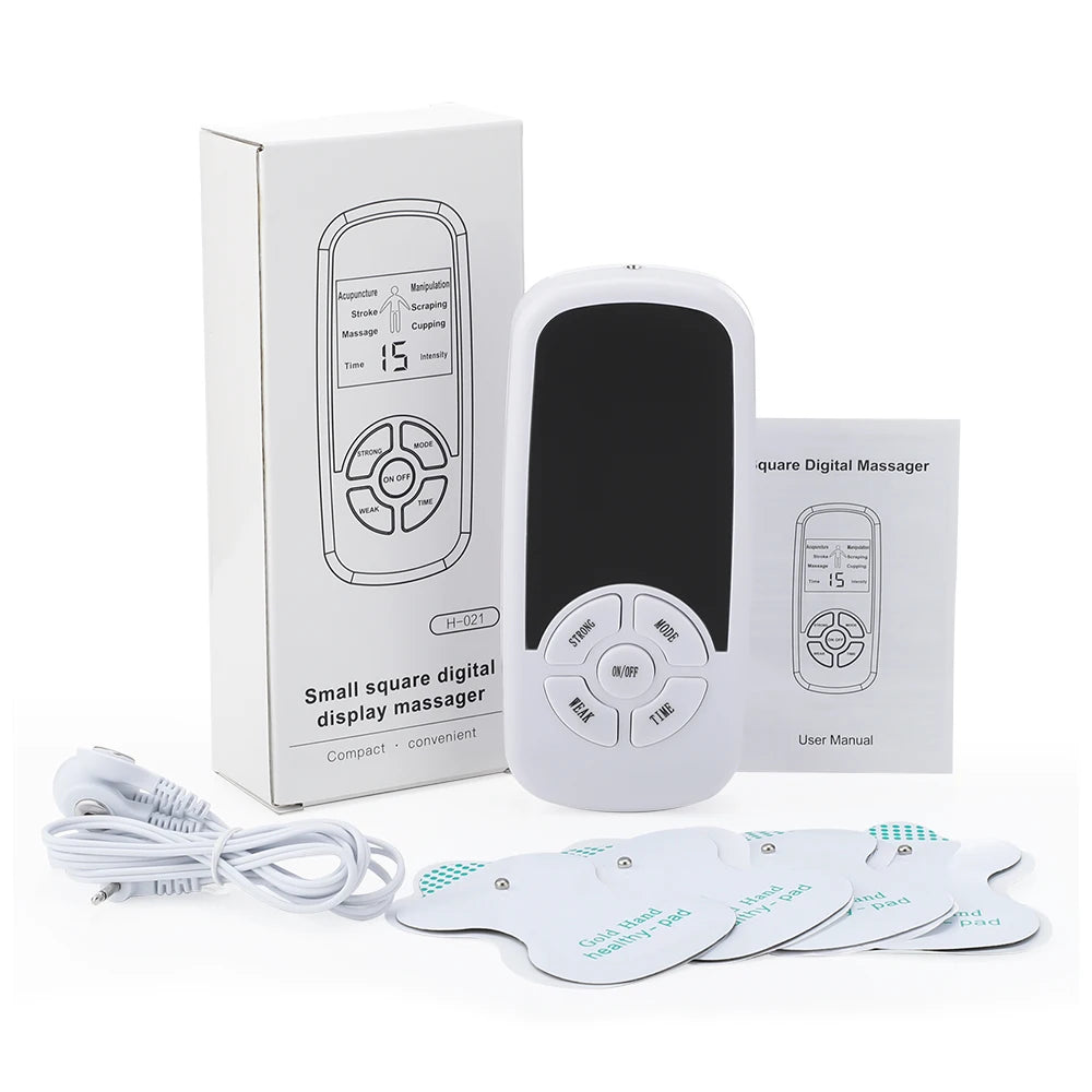 Digital massager with packaging, user manual, and electrodes on a white background