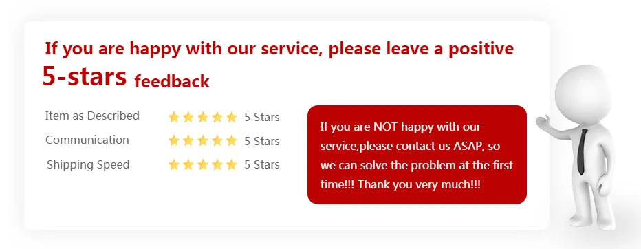 Feedback request with five-star rating system and a contact option for不满意 customers on a white background.