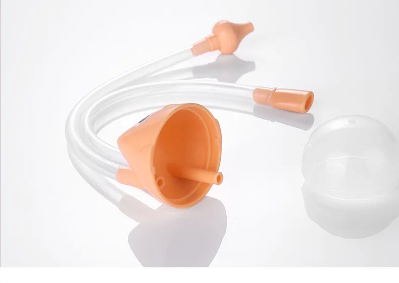 Orange earbud with white cable on a white background