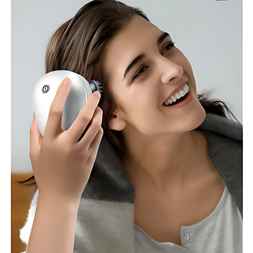 Woman using a white hair removal device on her ear with a neutral background