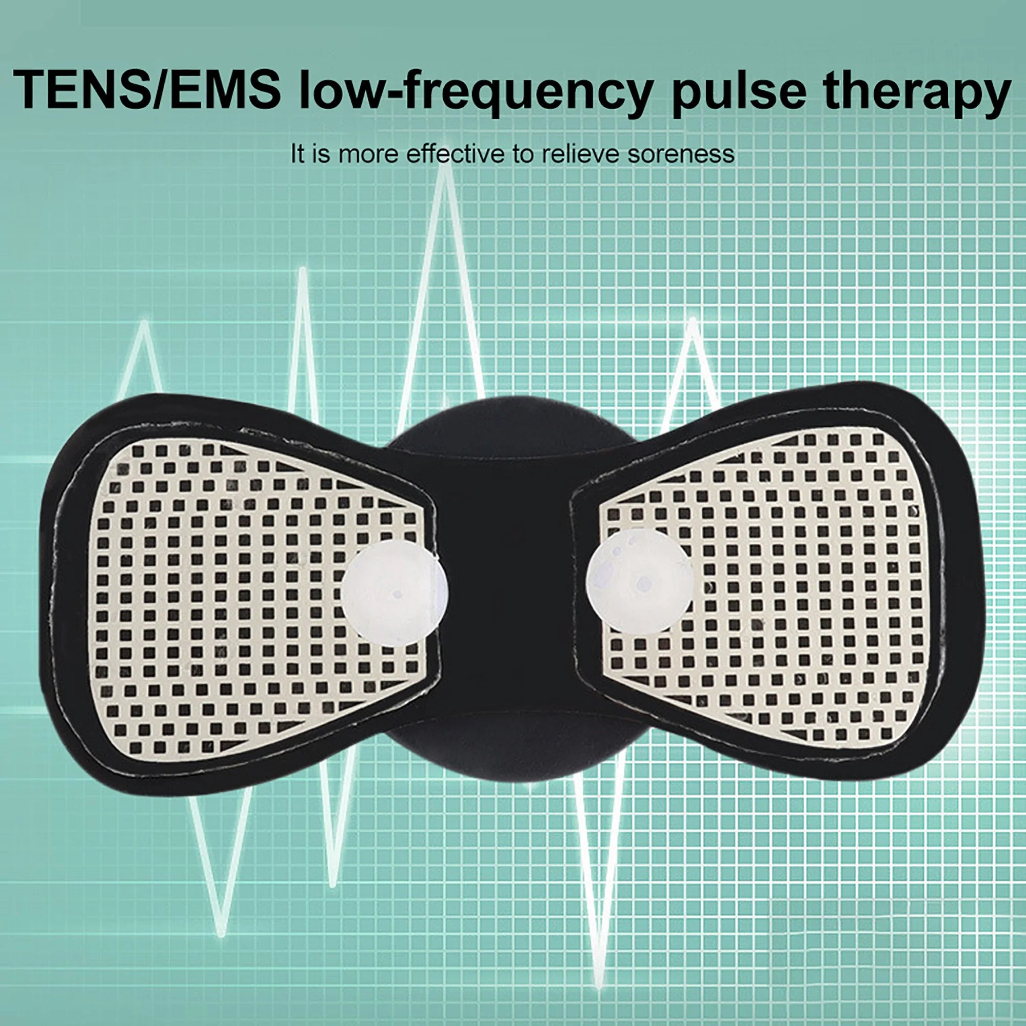 TENS/EMS low-frequency pulse therapy device on a green background with wave patterns.