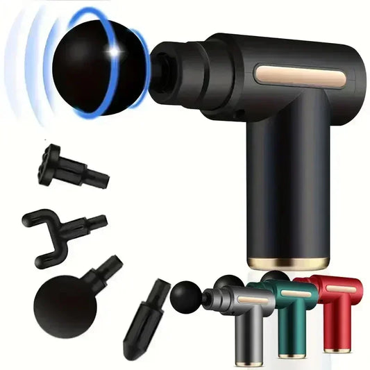 Black massage gun with attachments on a white background