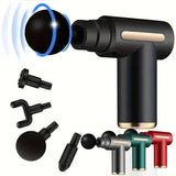 Black massage gun with attachments on a white background