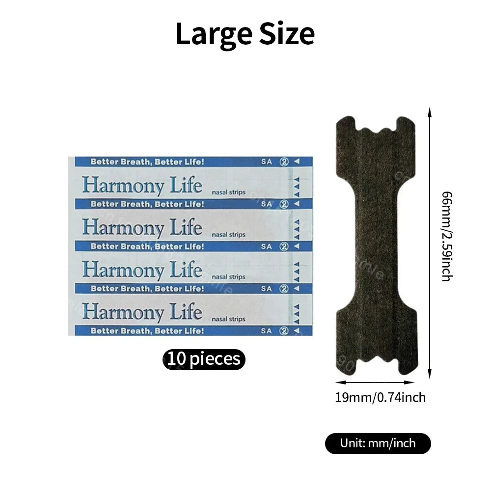 Harmony Life nasal strip packaging with dimensions on a white background