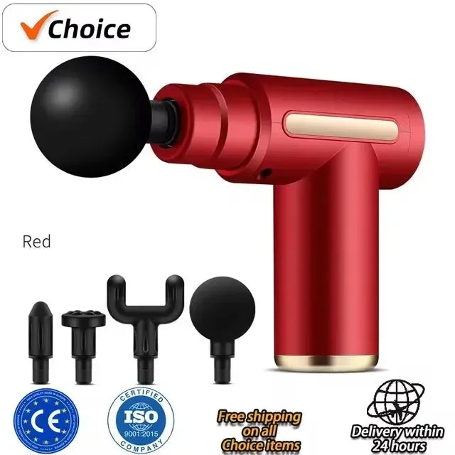 Red massage gun with attachments on a white background, featuring Choice brand logo.
