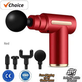 Red massage gun with attachments on a white background, featuring Choice brand logo.