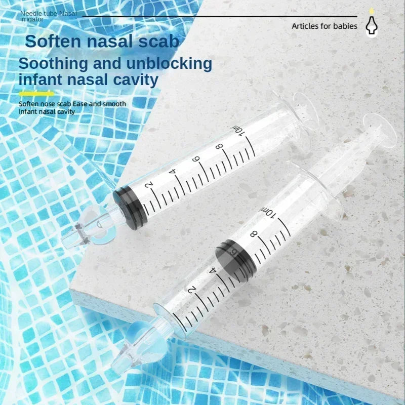 Two syringes on a textured surface with text about nasal care.