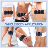 Electric muscle stimulator device on various parts of a person's body with 'Whole Body Application' text.