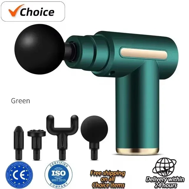 Green massage gun with attachments on a white background, featuring 'Choice' branding.