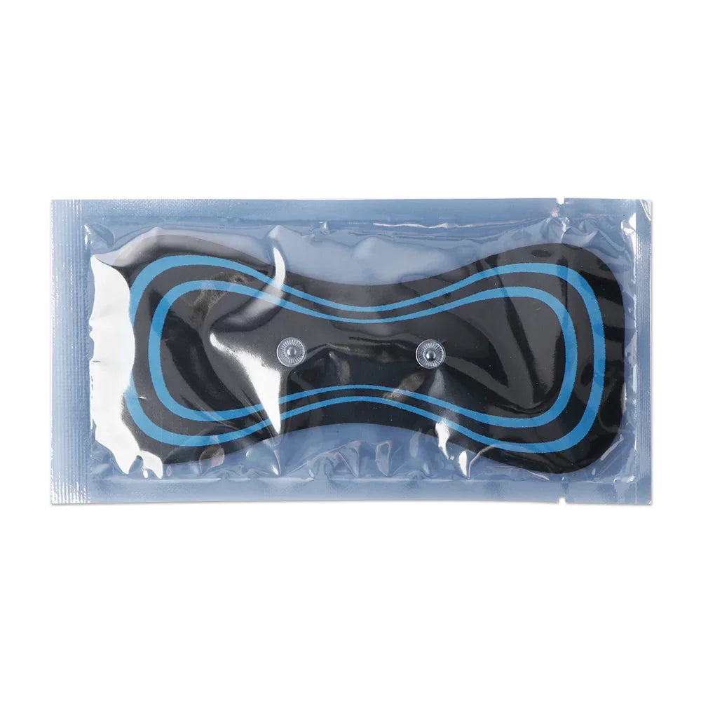 Black and blue eye mask in clear packaging on a white background