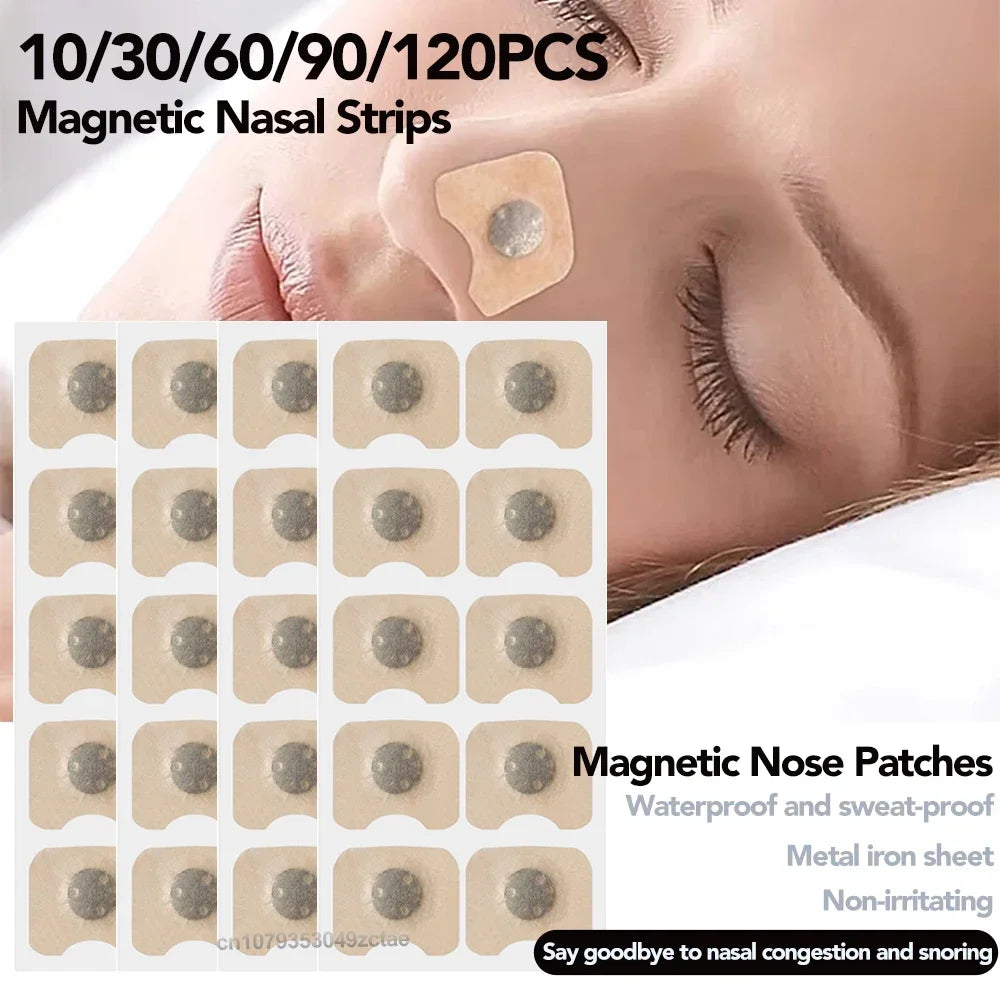 Magnetic nasal strips with packaging and a close-up of a person wearing them.