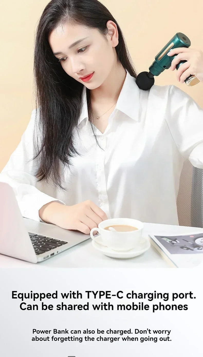 Woman using a hair dryer at a desk with a laptop and coffee cup, text about TYPE-C charging port.