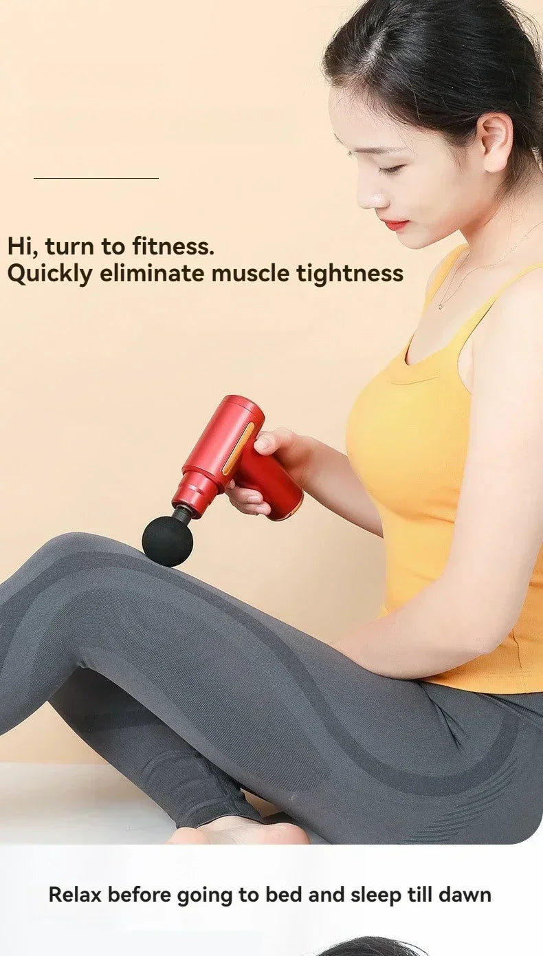Woman using a red massage gun with text on a beige background