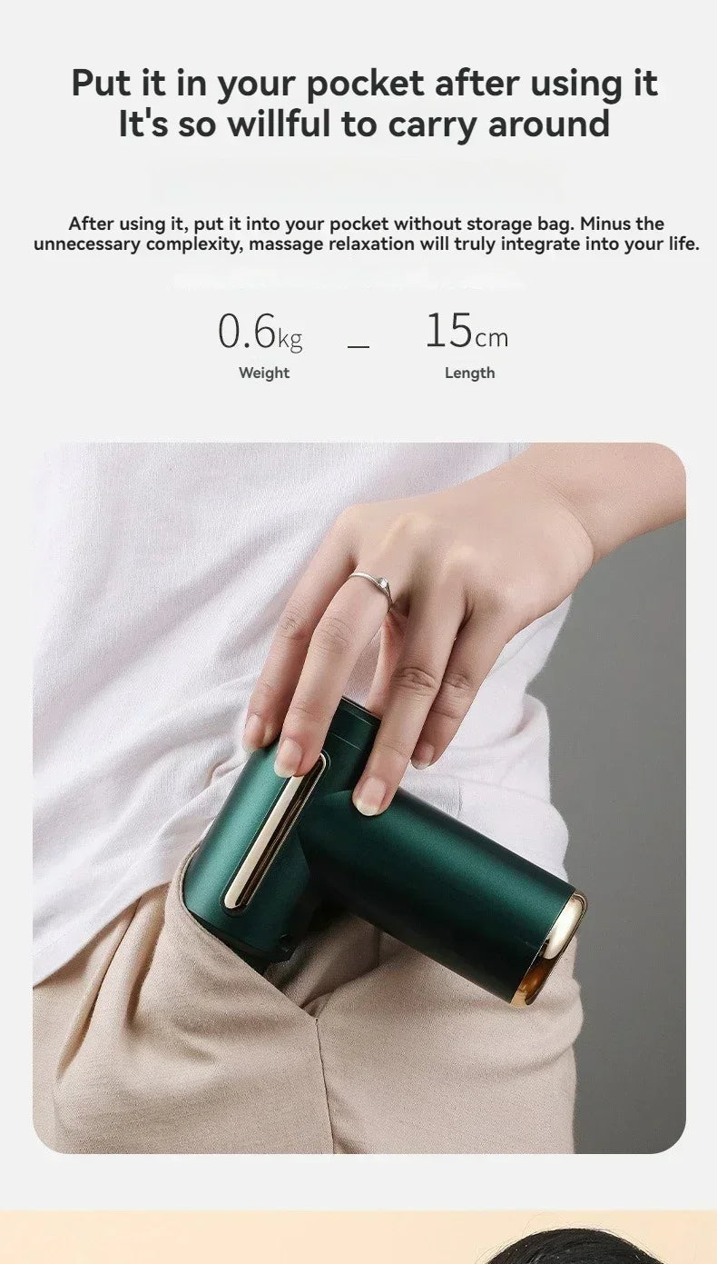 Hand holding a green handheld device with text about its portability and features.