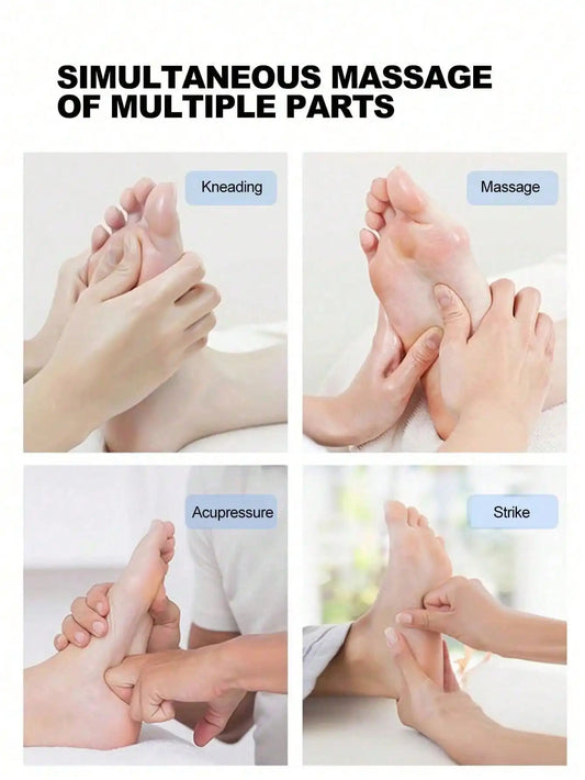 Illustration of simultaneous massage techniques on feet with labels.