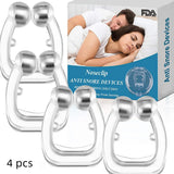 Noseclip anti-snore devices with packaging showing a couple sleeping and FDA logo.