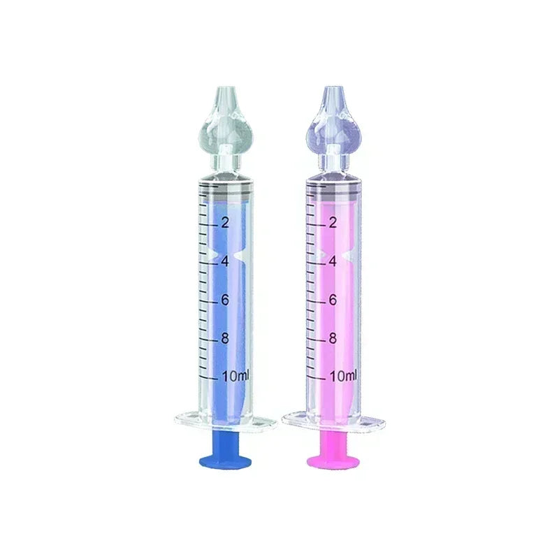 Two syringes with blue and pink液体 on a white background