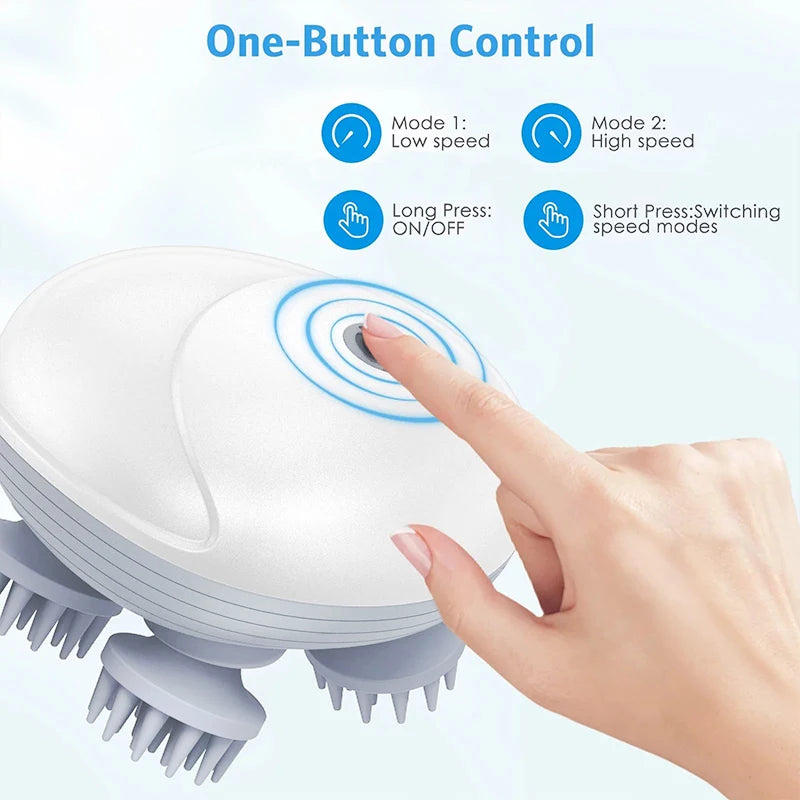 Hand using a hair massager with text explaining one-button control modes on a light blue background