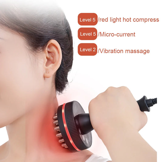 Person using a handheld device on their neck with text indicating different levels of therapy.
