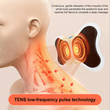 Illustration of TENS low-frequency pulse technology on a person's neck with text explaining its effects.